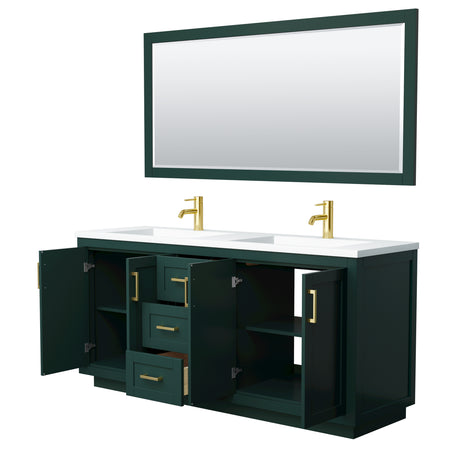 Miranda 72 Inch Double Bathroom Vanity in Green 1.25 Inch Thick Matte White Solid Surface Countertop Integrated Sinks Brushed Gold Trim 70 Inch Mirror