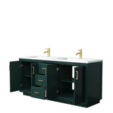 Miranda 72 Inch Double Bathroom Vanity in Green 1.25 Inch Thick Matte White Solid Surface Countertop Integrated Sinks Brushed Gold Trim