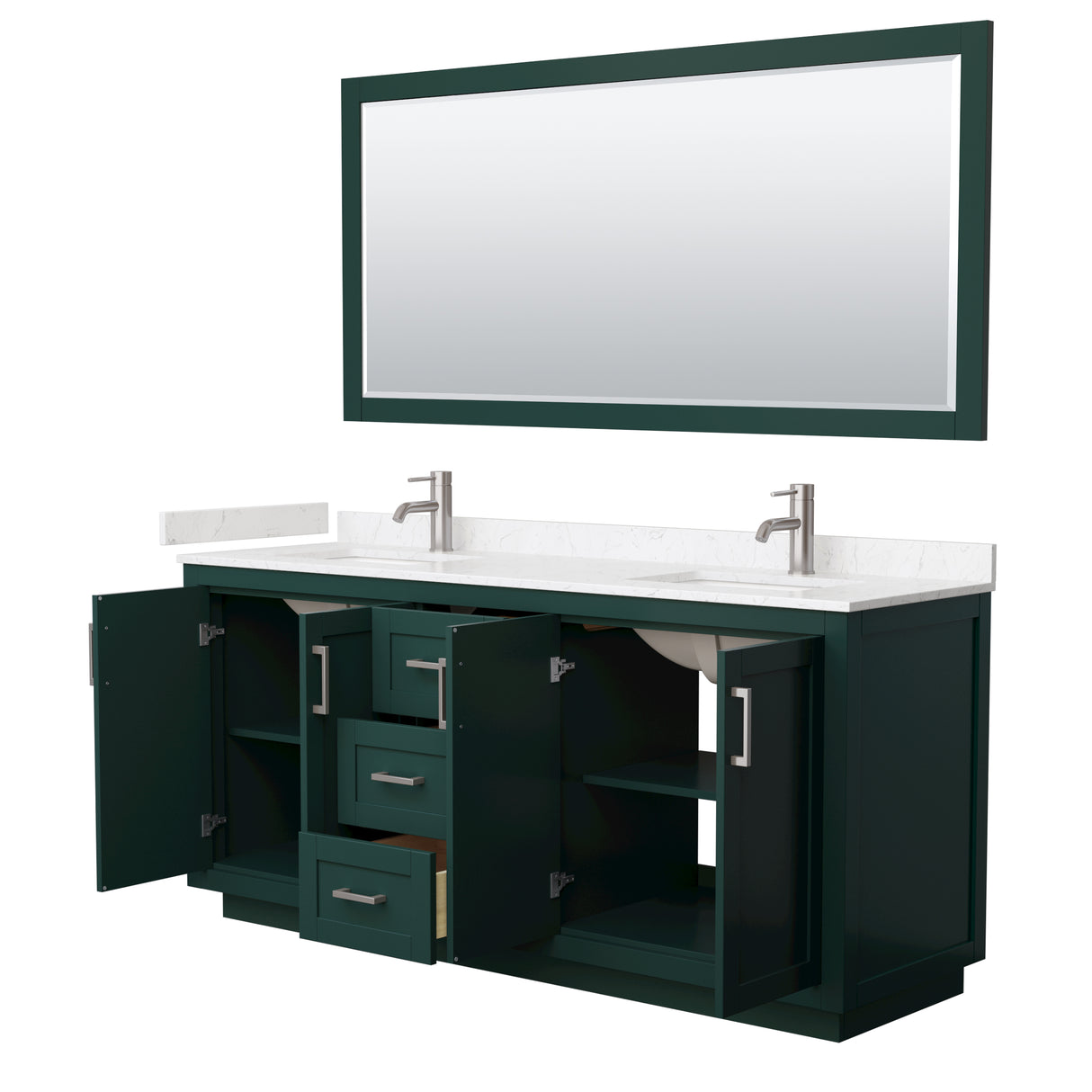 Miranda 72 Inch Double Bathroom Vanity in Green Carrara Cultured Marble Countertop Undermount Square Sinks Brushed Nickel Trim 70 Inch Mirror