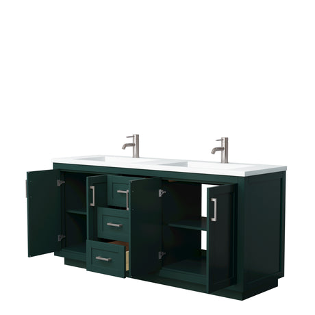 Miranda 72 Inch Double Bathroom Vanity in Green 1.25 Inch Thick Matte White Solid Surface Countertop Integrated Sinks Brushed Nickel Trim