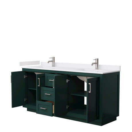 Miranda 72 Inch Double Bathroom Vanity in Green White Cultured Marble Countertop Undermount Square Sinks Brushed Nickel Trim