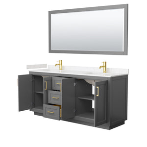 Miranda 72 Inch Double Bathroom Vanity in Dark Gray Carrara Cultured Marble Countertop Undermount Square Sinks Brushed Gold Trim 70 Inch Mirror