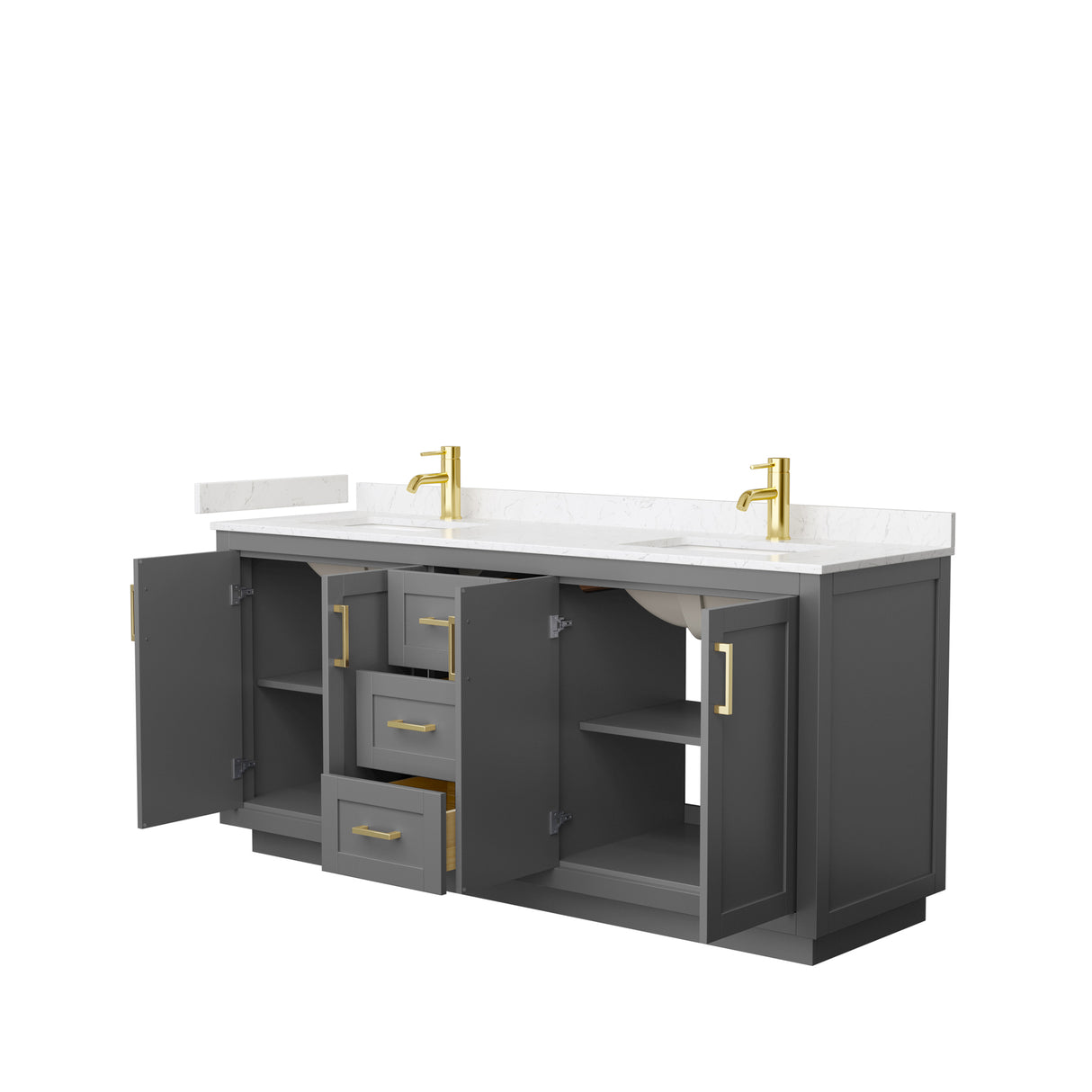 Miranda 72 Inch Double Bathroom Vanity in Dark Gray Carrara Cultured Marble Countertop Undermount Square Sinks Brushed Gold Trim
