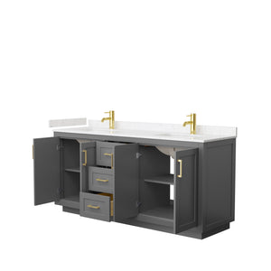 Miranda 72 Inch Double Bathroom Vanity in Dark Gray Carrara Cultured Marble Countertop Undermount Square Sinks Brushed Gold Trim
