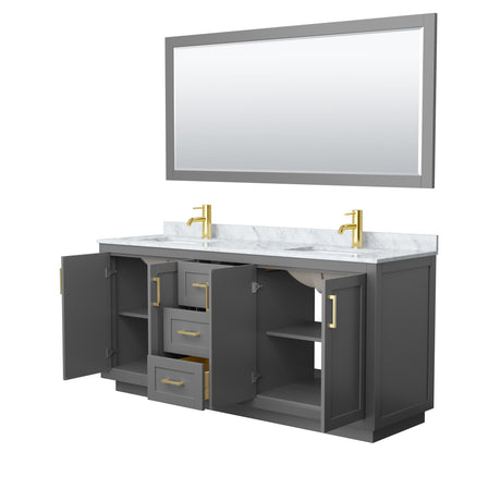 Miranda 72 Inch Double Bathroom Vanity in Dark Gray White Carrara Marble Countertop Undermount Square Sinks Brushed Gold Trim 70 Inch Mirror