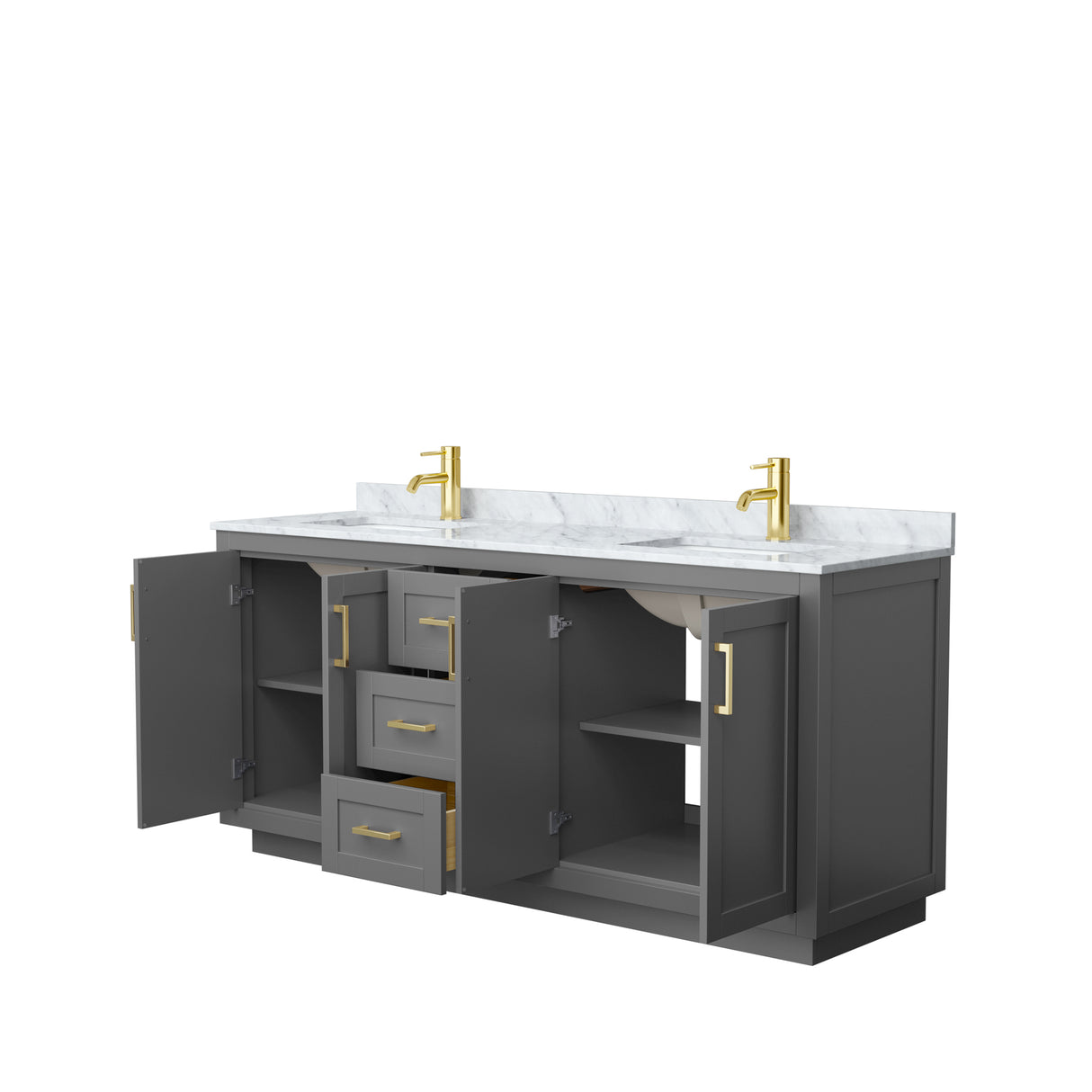 Miranda 72 Inch Double Bathroom Vanity in Dark Gray White Carrara Marble Countertop Undermount Square Sinks Brushed Gold Trim