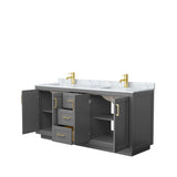 Miranda 72 Inch Double Bathroom Vanity in Dark Gray White Carrara Marble Countertop Undermount Square Sinks Brushed Gold Trim