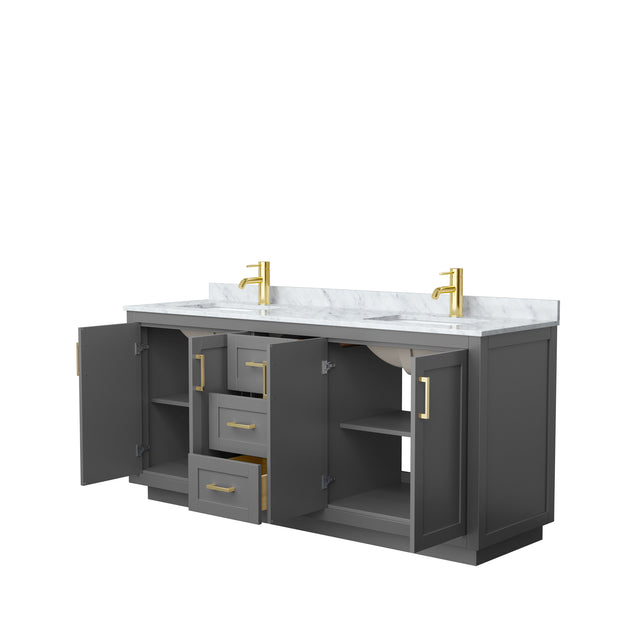 Miranda 72 Inch Double Bathroom Vanity in Dark Gray White Carrara Marble Countertop Undermount Square Sinks Brushed Gold Trim