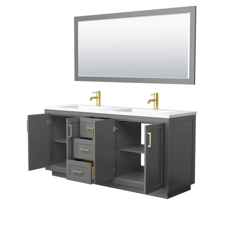 Miranda 72 Inch Double Bathroom Vanity in Dark Gray 1.25 Inch Thick Matte White Solid Surface Countertop Integrated Sinks Brushed Gold Trim 70 Inch Mirror