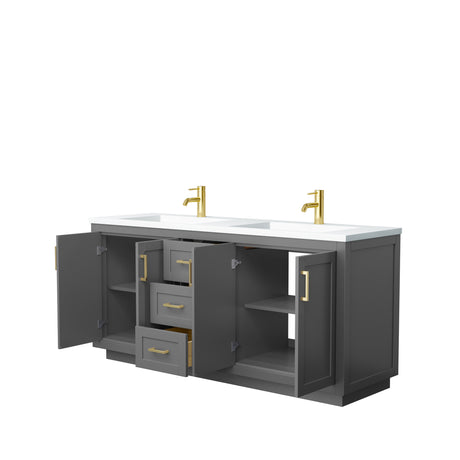 Miranda 72 Inch Double Bathroom Vanity in Dark Gray 1.25 Inch Thick Matte White Solid Surface Countertop Integrated Sinks Brushed Gold Trim
