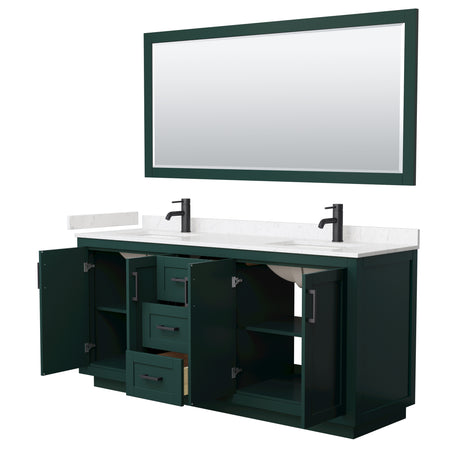 Miranda 72 Inch Double Bathroom Vanity in Green Carrara Cultured Marble Countertop Undermount Square Sinks Matte Black Trim 70 Inch Mirror