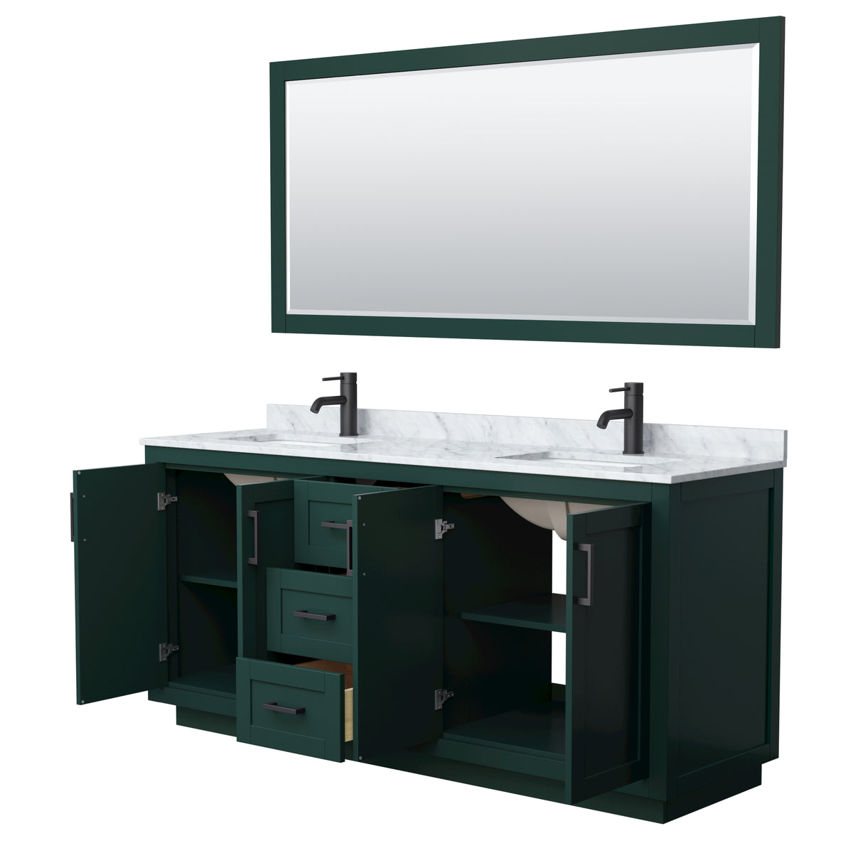 Miranda 72 Inch Double Bathroom Vanity in Green White Carrara Marble Countertop Undermount Square Sinks Matte Black Trim 70 Inch Mirror