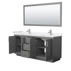 Miranda 72 Inch Double Bathroom Vanity in Dark Gray Carrara Cultured Marble Countertop Undermount Square Sinks Brushed Nickel Trim 70 Inch Mirror