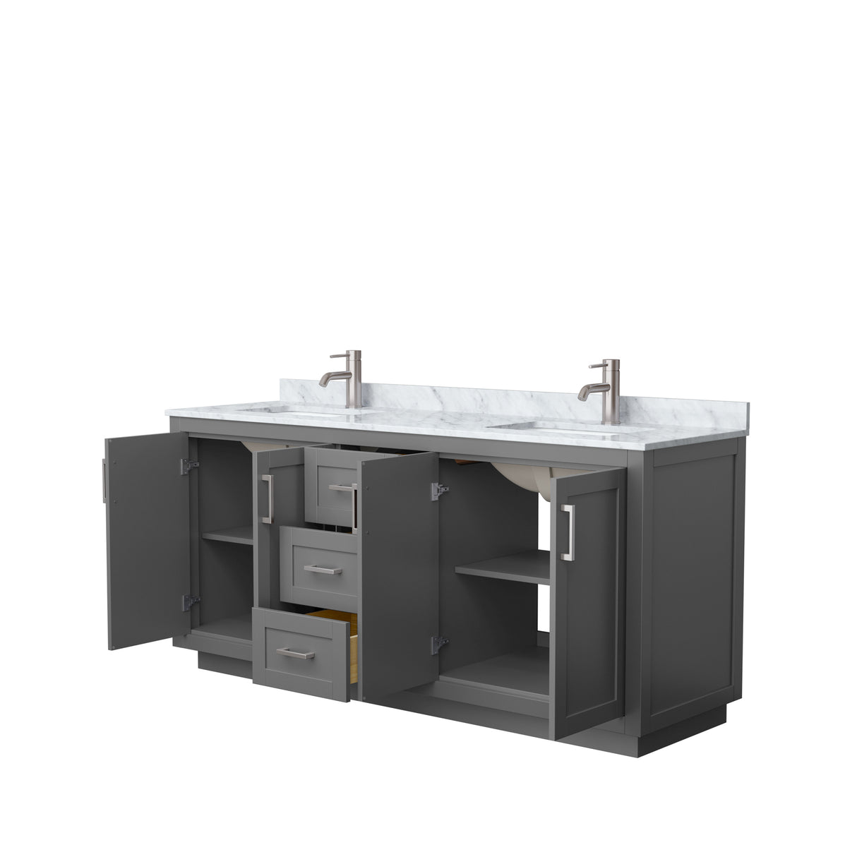 Miranda 72 Inch Double Bathroom Vanity in Dark Gray White Carrara Marble Countertop Undermount Square Sinks Brushed Nickel Trim
