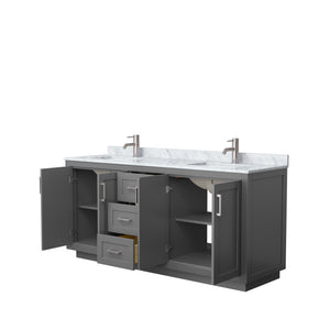 Miranda 72 Inch Double Bathroom Vanity in Dark Gray White Carrara Marble Countertop Undermount Square Sinks Brushed Nickel Trim