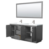 Miranda 72 Inch Double Bathroom Vanity in Dark Gray 1.25 Inch Thick Matte White Solid Surface Countertop Integrated Sinks Brushed Nickel Trim 70 Inch Mirror
