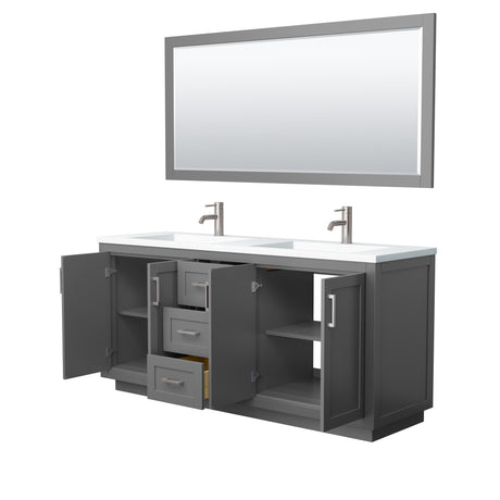 Miranda 72 Inch Double Bathroom Vanity in Dark Gray 1.25 Inch Thick Matte White Solid Surface Countertop Integrated Sinks Brushed Nickel Trim 70 Inch Mirror