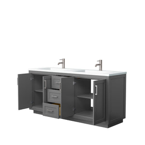 Miranda 72 Inch Double Bathroom Vanity in Dark Gray 1.25 Inch Thick Matte White Solid Surface Countertop Integrated Sinks Brushed Nickel Trim