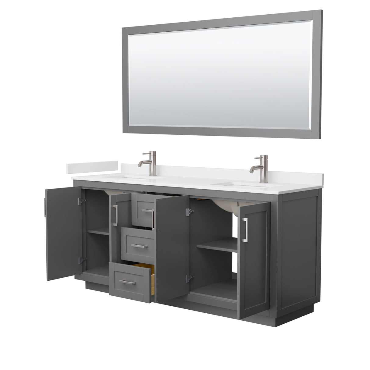 Miranda 72 Inch Double Bathroom Vanity in Dark Gray White Cultured Marble Countertop Undermount Square Sinks Brushed Nickel Trim 70 Inch Mirror