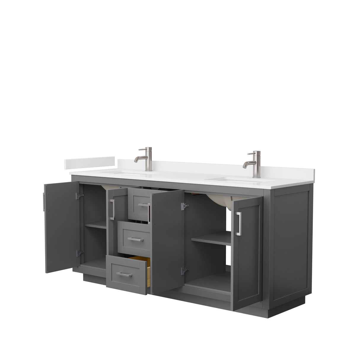 Miranda 72 Inch Double Bathroom Vanity in Dark Gray White Cultured Marble Countertop Undermount Square Sinks Brushed Nickel Trim