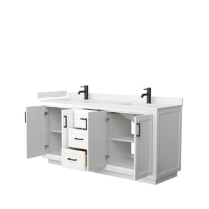 Miranda 72 Inch Double Bathroom Vanity in White Carrara Cultured Marble Countertop Undermount Square Sinks Matte Black Trim