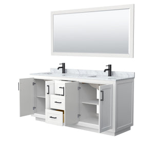 Miranda 72 Inch Double Bathroom Vanity in White White Carrara Marble Countertop Undermount Square Sinks Matte Black Trim 70 Inch Mirror