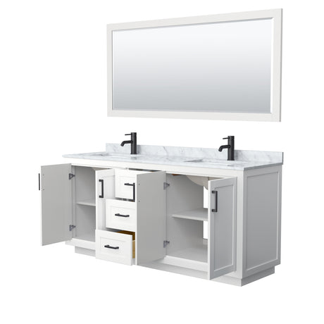 Miranda 72 Inch Double Bathroom Vanity in White White Carrara Marble Countertop Undermount Square Sinks Matte Black Trim 70 Inch Mirror