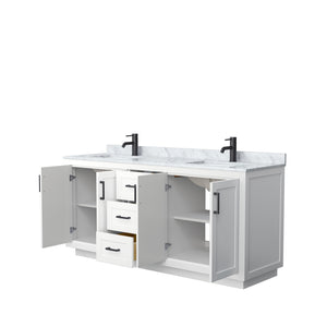 Miranda 72 Inch Double Bathroom Vanity in White White Carrara Marble Countertop Undermount Square Sinks Matte Black Trim