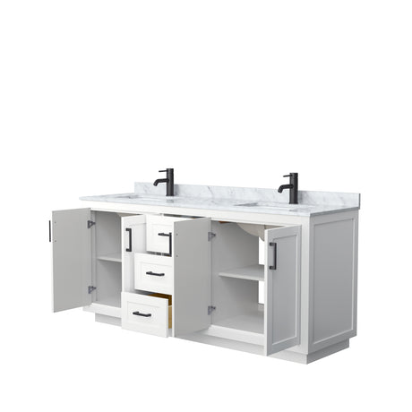Miranda 72 Inch Double Bathroom Vanity in White White Carrara Marble Countertop Undermount Square Sinks Matte Black Trim