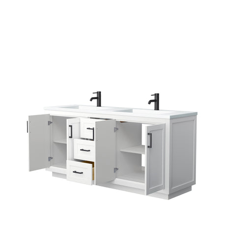 Miranda 72 Inch Double Bathroom Vanity in White 1.25 Inch Thick Matte White Solid Surface Countertop Integrated Sinks Matte Black Trim