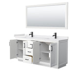 Miranda 72 Inch Double Bathroom Vanity in White White Cultured Marble Countertop Undermount Square Sinks Matte Black Trim 70 Inch Mirror