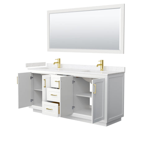 Miranda 72 Inch Double Bathroom Vanity in White Carrara Cultured Marble Countertop Undermount Square Sinks Brushed Gold Trim 70 Inch Mirror