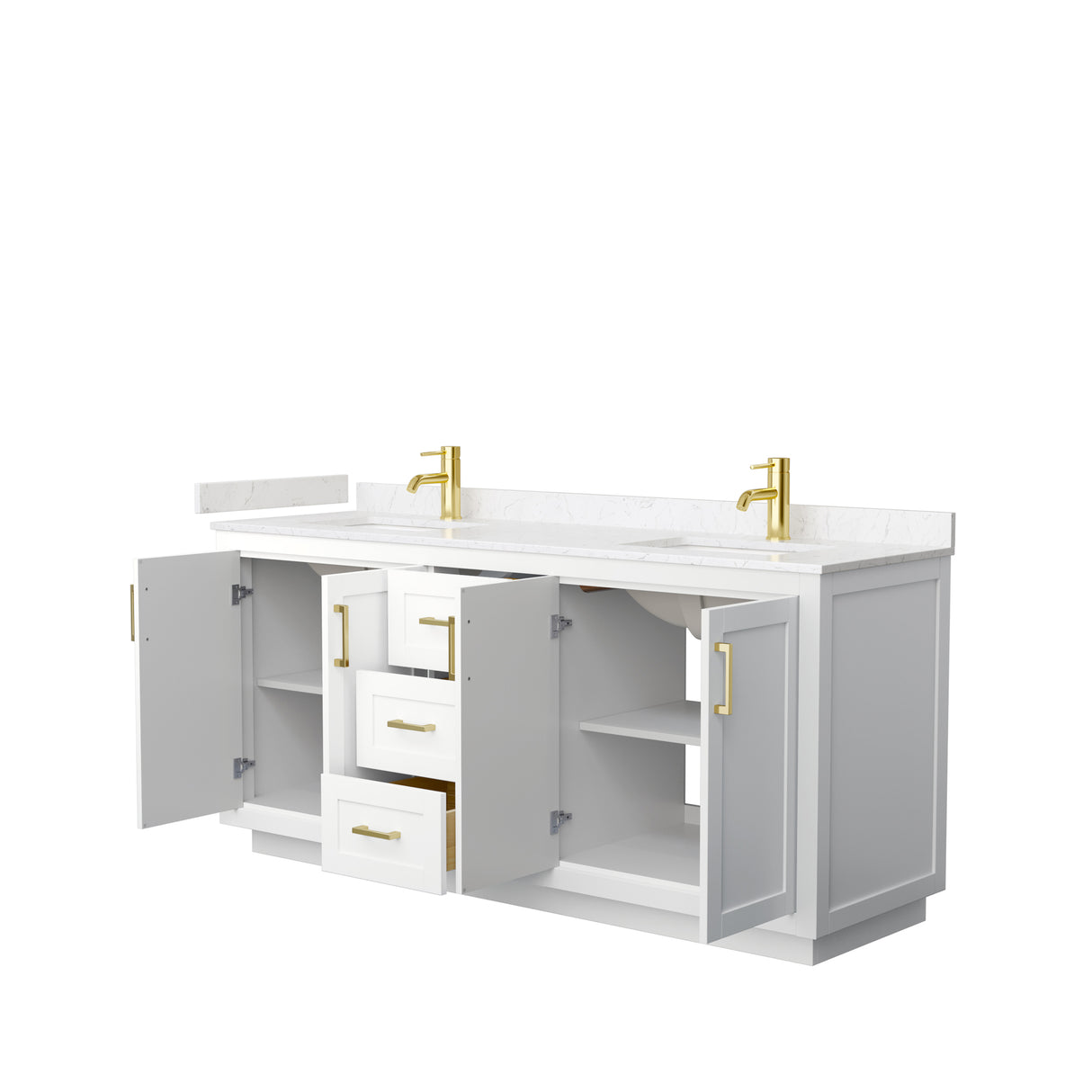 Miranda 72 Inch Double Bathroom Vanity in White Carrara Cultured Marble Countertop Undermount Square Sinks Brushed Gold Trim