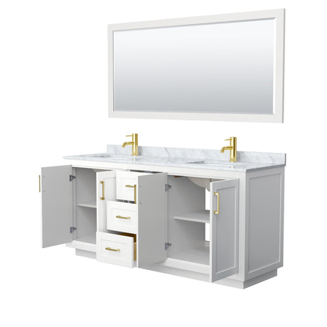 Miranda 72 Inch Double Bathroom Vanity in White White Carrara Marble Countertop Undermount Square Sinks Brushed Gold Trim 70 Inch Mirror