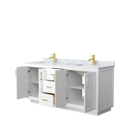 Miranda 72 Inch Double Bathroom Vanity in White White Carrara Marble Countertop Undermount Square Sinks Brushed Gold Trim