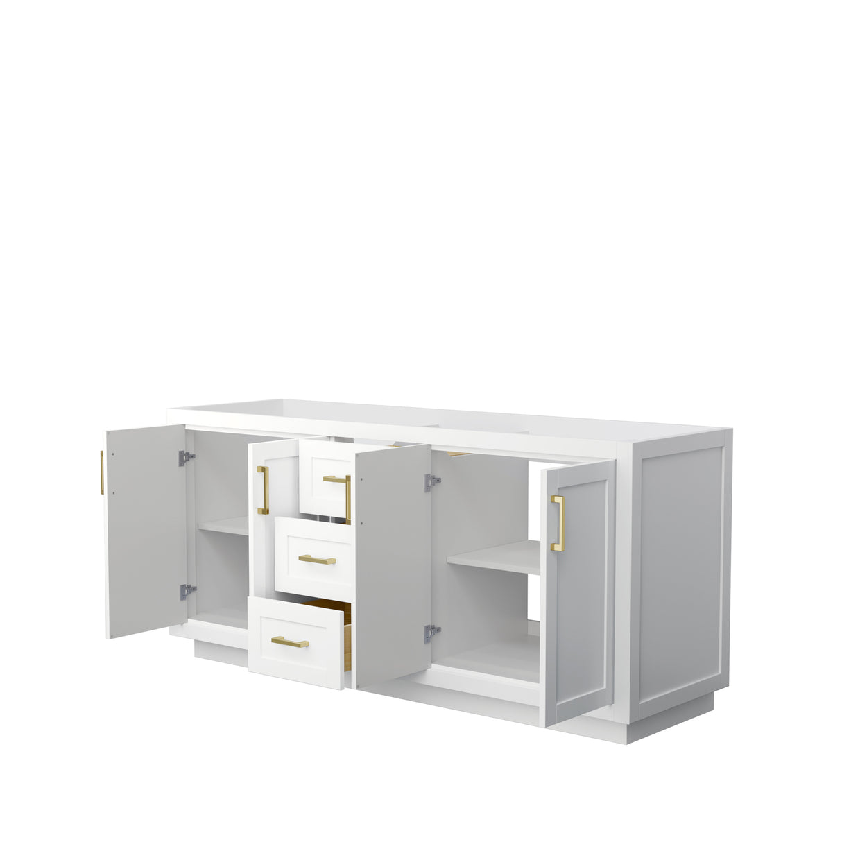 Miranda 72 Inch Double Bathroom Vanity in White No Countertop No Sink Brushed Gold Trim