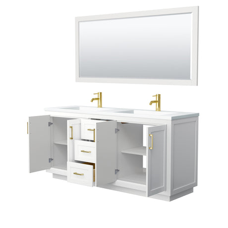 Miranda 72 Inch Double Bathroom Vanity in White 1.25 Inch Thick Matte White Solid Surface Countertop Integrated Sinks Brushed Gold Trim 70 Inch Mirror