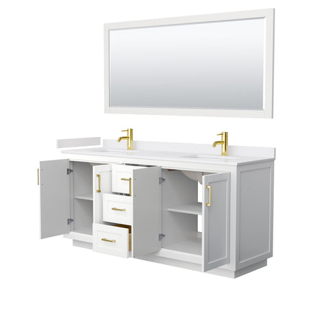 Miranda 72 Inch Double Bathroom Vanity in White White Cultured Marble Countertop Undermount Square Sinks Brushed Gold Trim 70 Inch Mirror