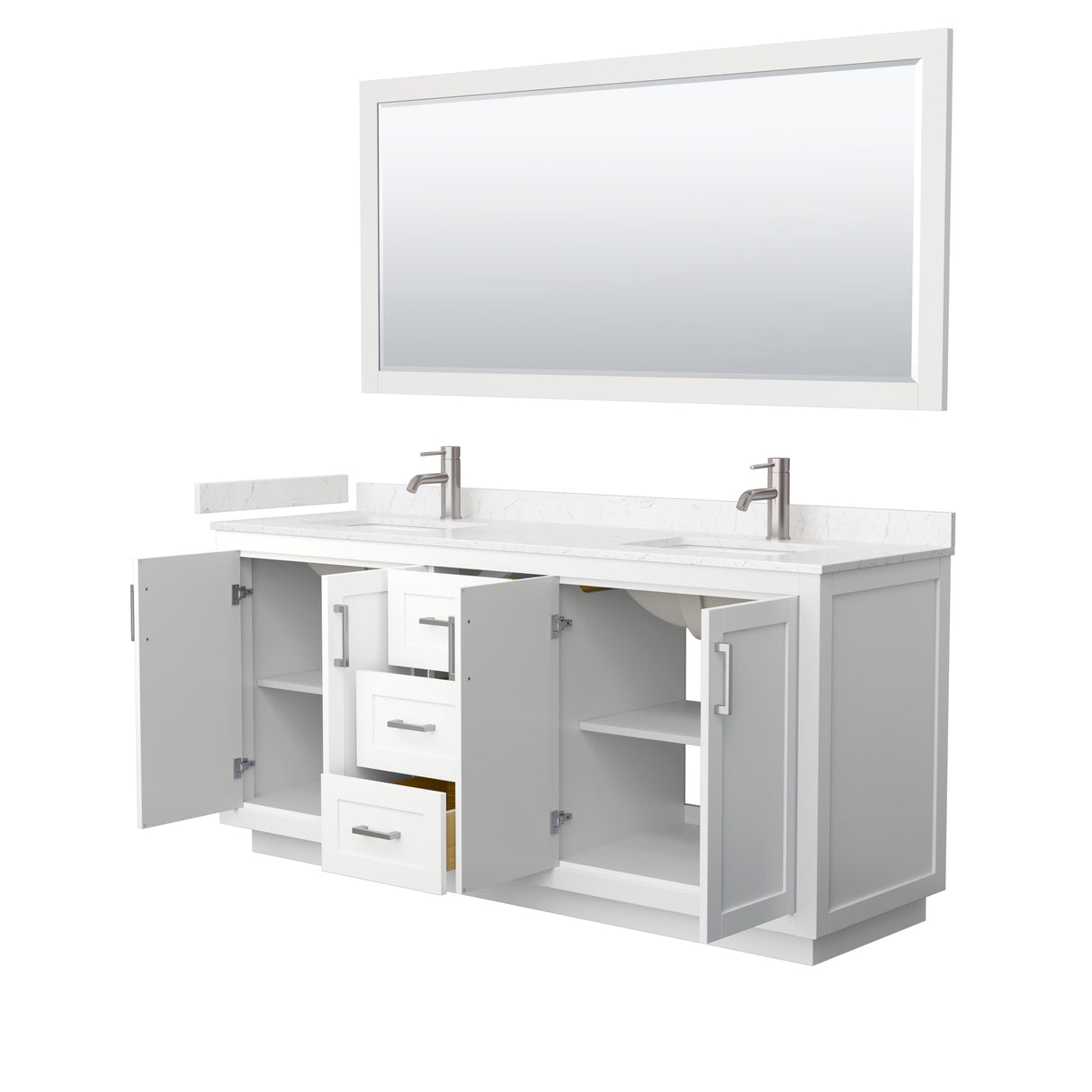 Miranda 72 Inch Double Bathroom Vanity in White Carrara Cultured Marble Countertop Undermount Square Sinks Brushed Nickel Trim 70 Inch Mirror