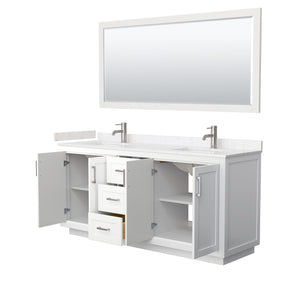 Miranda 72 Inch Double Bathroom Vanity in White Carrara Cultured Marble Countertop Undermount Square Sinks Brushed Nickel Trim 70 Inch Mirror
