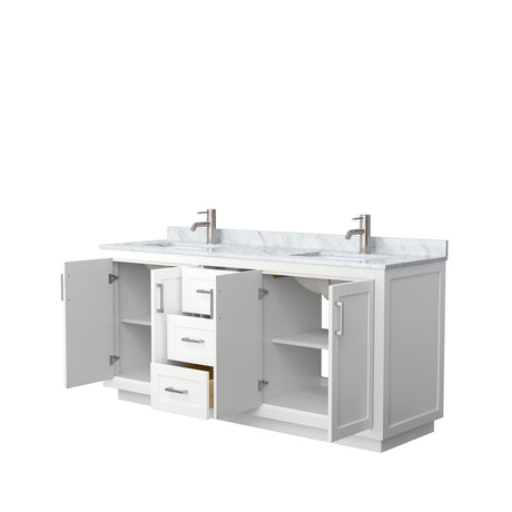 Miranda 72 Inch Double Bathroom Vanity in White White Carrara Marble Countertop Undermount Square Sinks Brushed Nickel Trim