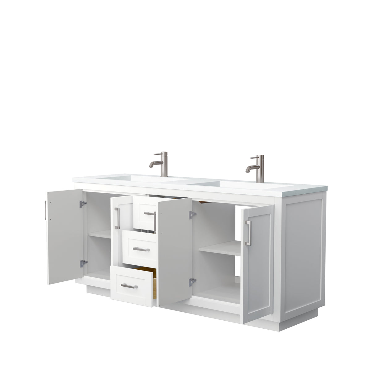 Miranda 72 Inch Double Bathroom Vanity in White 1.25 Inch Thick Matte White Solid Surface Countertop Integrated Sinks Brushed Nickel Trim