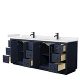 Miranda 84 Inch Double Bathroom Vanity in Dark Blue Carrara Cultured Marble Countertop Undermount Square Sinks Matte Black Trim
