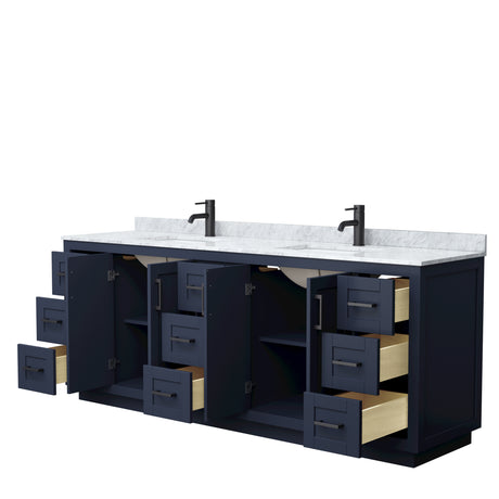 Miranda 84 Inch Double Bathroom Vanity in Dark Blue White Carrara Marble Countertop Undermount Square Sinks Matte Black Trim