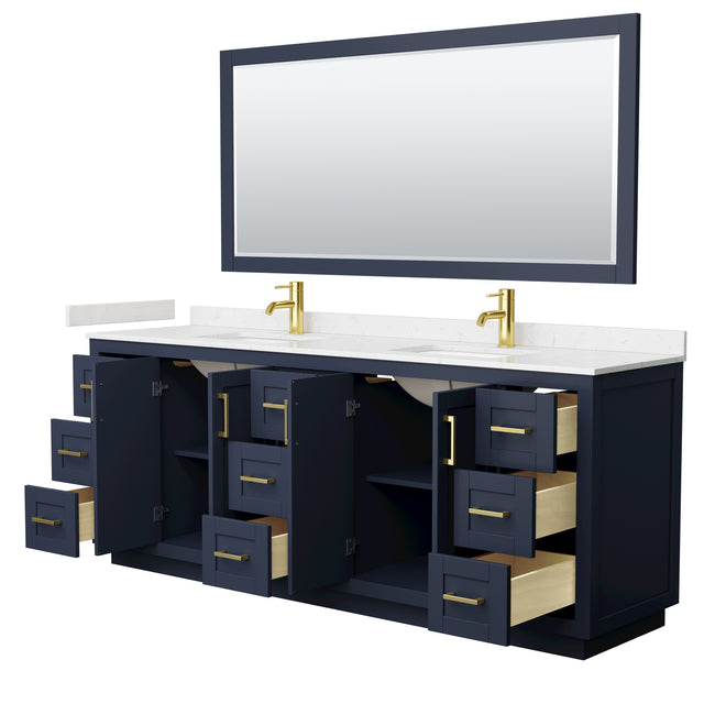 Miranda 84 Inch Double Bathroom Vanity in Dark Blue Carrara Cultured Marble Countertop Undermount Square Sinks Brushed Gold Trim 70 Inch Mirror