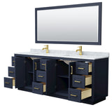 Miranda 84 Inch Double Bathroom Vanity in Dark Blue White Carrara Marble Countertop Undermount Square Sinks Brushed Gold Trim 70 Inch Mirror
