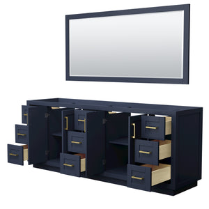 Miranda 84 Inch Double Bathroom Vanity in Dark Blue No Countertop No Sink Brushed Gold Trim 70 Inch Mirror