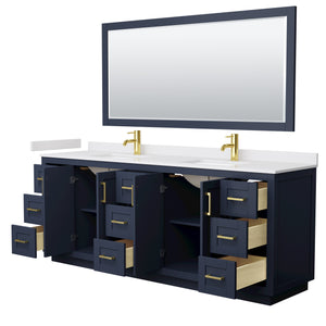 Miranda 84 Inch Double Bathroom Vanity in Dark Blue White Cultured Marble Countertop Undermount Square Sinks Brushed Gold Trim 70 Inch Mirror
