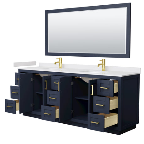 Miranda 84 Inch Double Bathroom Vanity in Dark Blue White Cultured Marble Countertop Undermount Square Sinks Brushed Gold Trim 70 Inch Mirror
