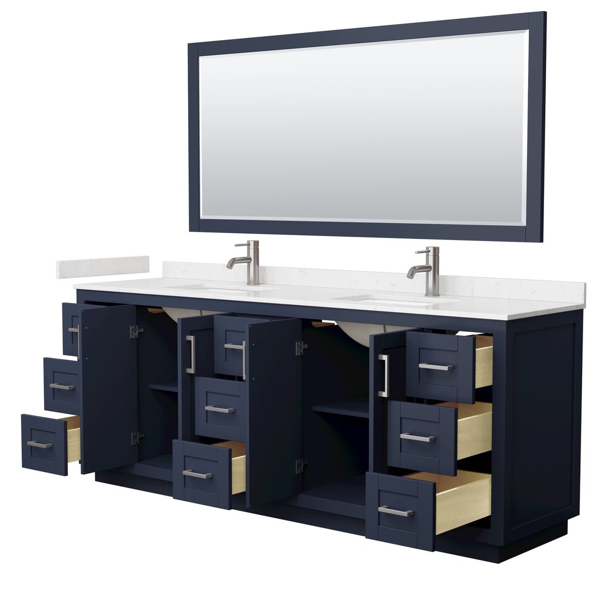 Miranda 84 Inch Double Bathroom Vanity in Dark Blue Carrara Cultured Marble Countertop Undermount Square Sinks Brushed Nickel Trim 70 Inch Mirror